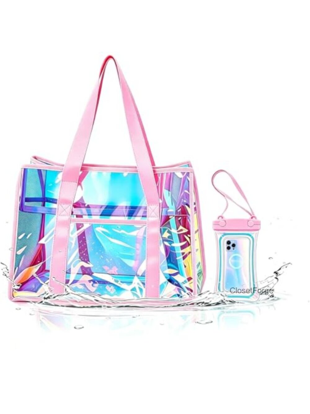 Iridescent Clear Beach Tote Bag Waterproof TPU Jelly Travel Tote with Phone